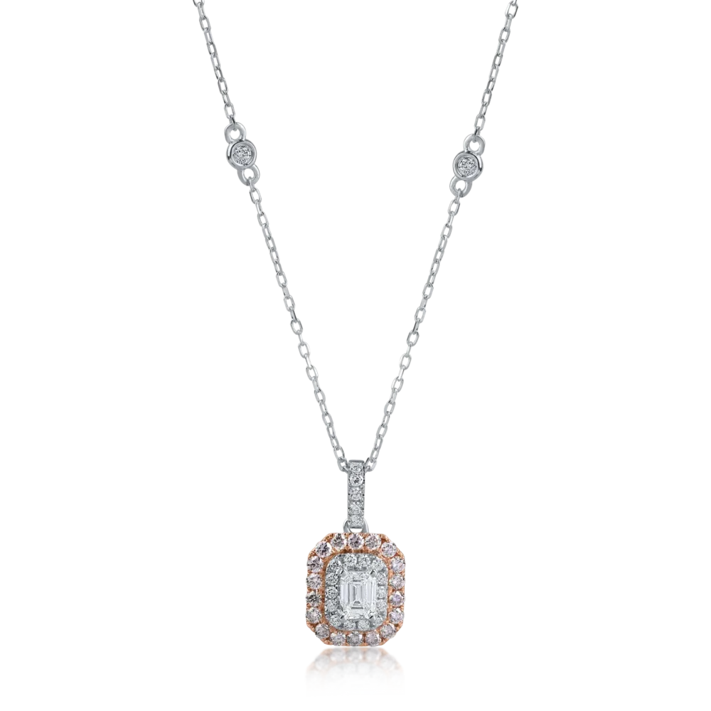 Lant cu pandantiv din aur alb-roz cu diamante roz emerald si rotunde de 0.61ct si diamante transparente de 0.18ct