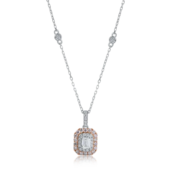 Lant cu pandantiv din aur alb-roz cu diamante roz emerald si rotunde de 0.61ct si diamante transparente de 0.18ct
