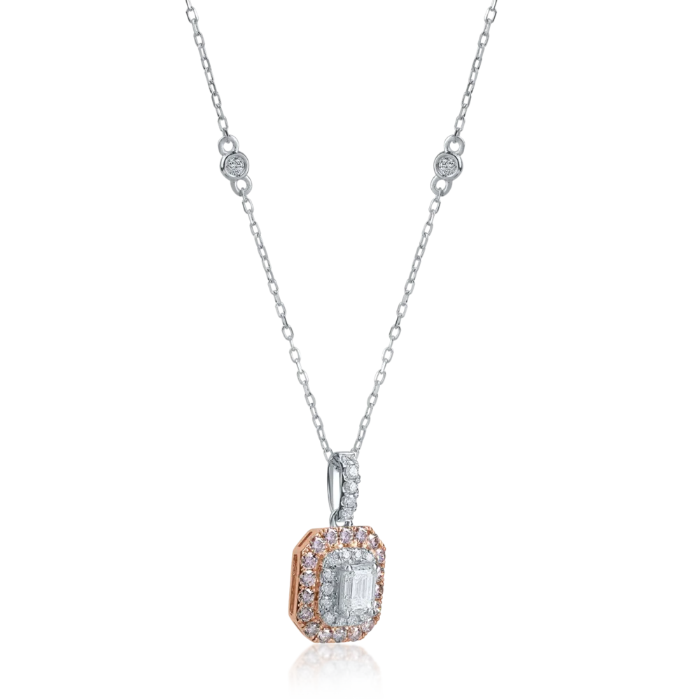 Lant cu pandantiv din aur alb-roz cu diamante roz emerald si rotunde de 0.61ct si diamante transparente de 0.18ct - imagine 2
