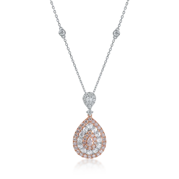 Lant cu pandantiv din aur alb-roz cu diamante roz pear si rotunde de 0.66ct si diamante incolore rose si rotunde de 0.5ct