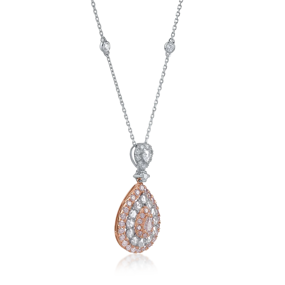 Lant cu pandantiv din aur alb-roz cu diamante roz pear si rotunde de 0.66ct si diamante incolore rose si rotunde de 0.5ct - imagine 2