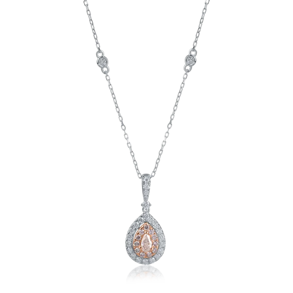 Lant cu pandantiv din aur alb-roz cu diamante incolore de 0.31ct si diamante roz pear si rotunde de 0.25ct