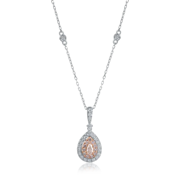 Lant cu pandantiv din aur alb-roz cu diamante incolore de 0.31ct si diamante roz pear si rotunde de 0.25ct