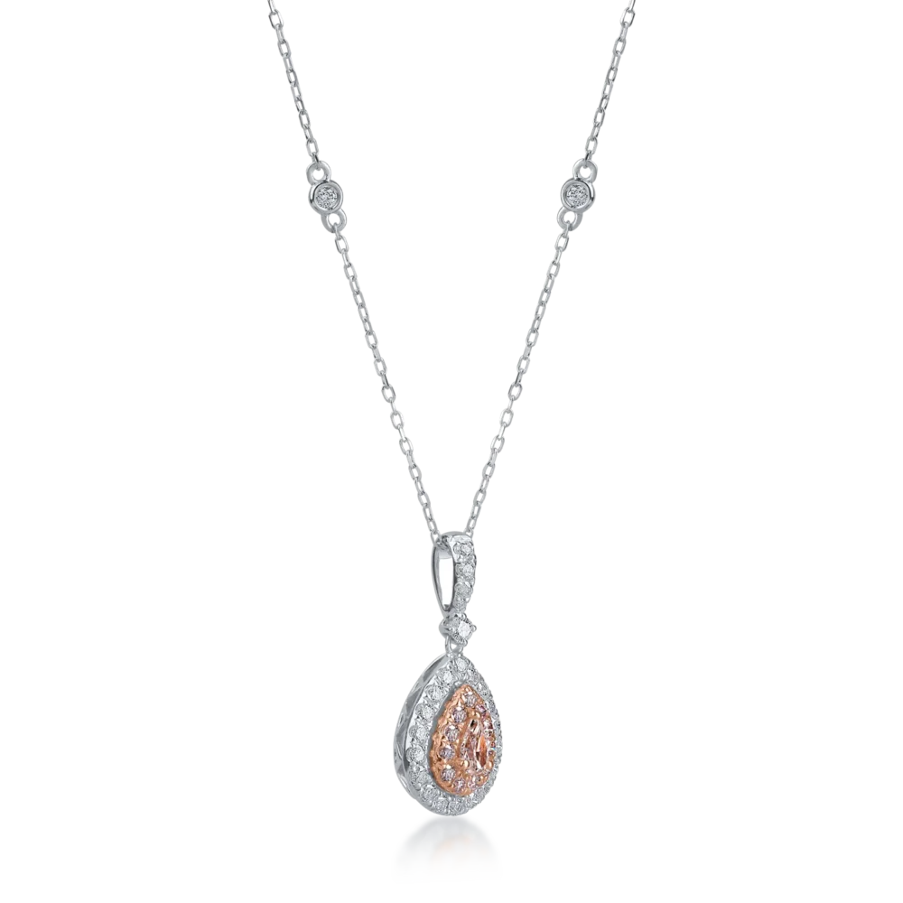 Lant cu pandantiv din aur alb-roz cu diamante incolore de 0.31ct si diamante roz pear si rotunde de 0.25ct - imagine 2