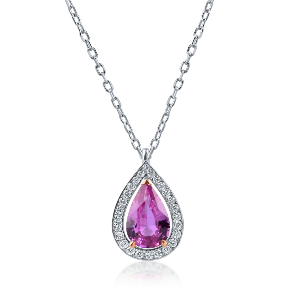 Lant cu pandantiv din aur alb-roz cu safir roz pear de 1.3ct si diamante de 0.1ct