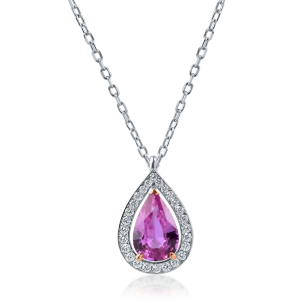 Lant cu pandantiv din aur alb-roz cu safir roz pear de 1.3ct si diamante de 0.1ct