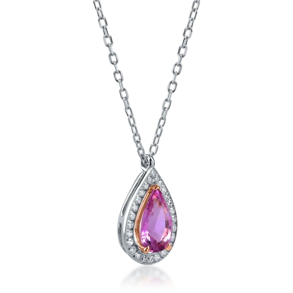 Lant cu pandantiv din aur alb-roz cu safir roz pear de 1.3ct si diamante de 0.1ct - imagine 2