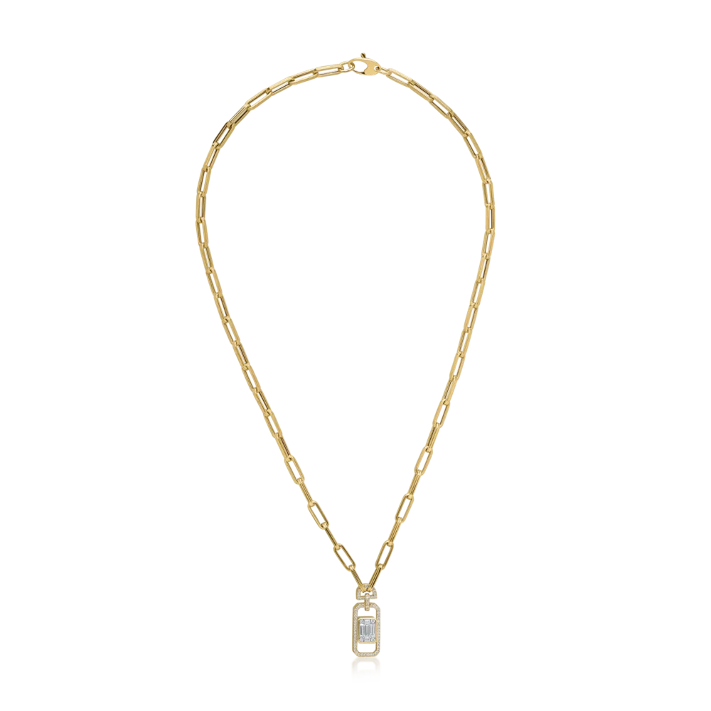 Lant cu pandantiv din aur galben cu diamante baguette si rotunde de 0.77ct