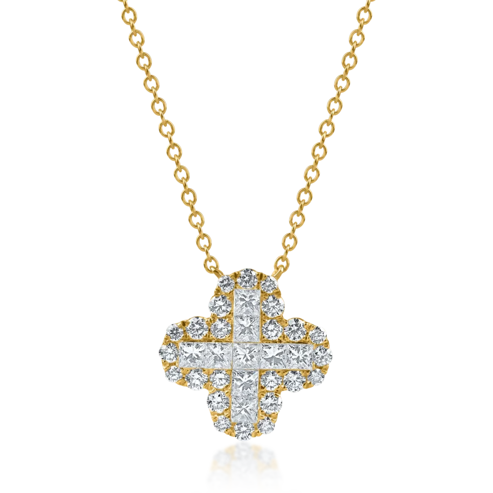 Lant cu pandantiv din aur galben cu diamante princess si rotunde de 1.2ct