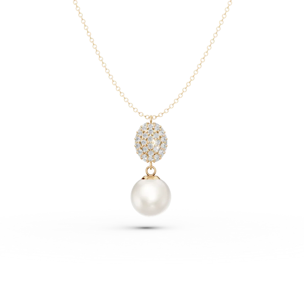 Lant cu pandantiv din aur galben cu perle de cultura de 0.6ct si zirconii