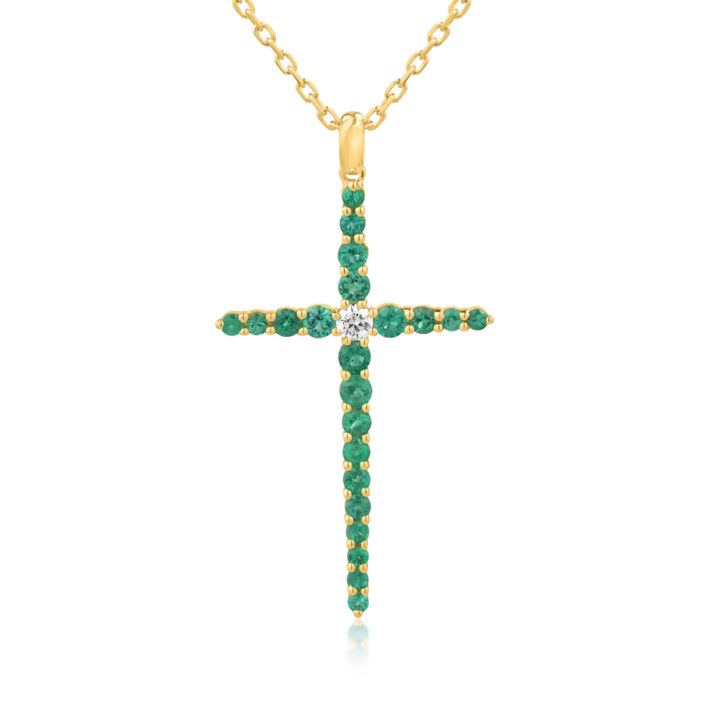 Lant cu pandantiv din aur galben cu diamant de 0.09ct si smaralde de 0.85ct