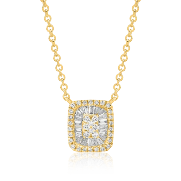 Lant cu pandantiv din aur galben cu diamante baguette si rotunde de 0.23ct