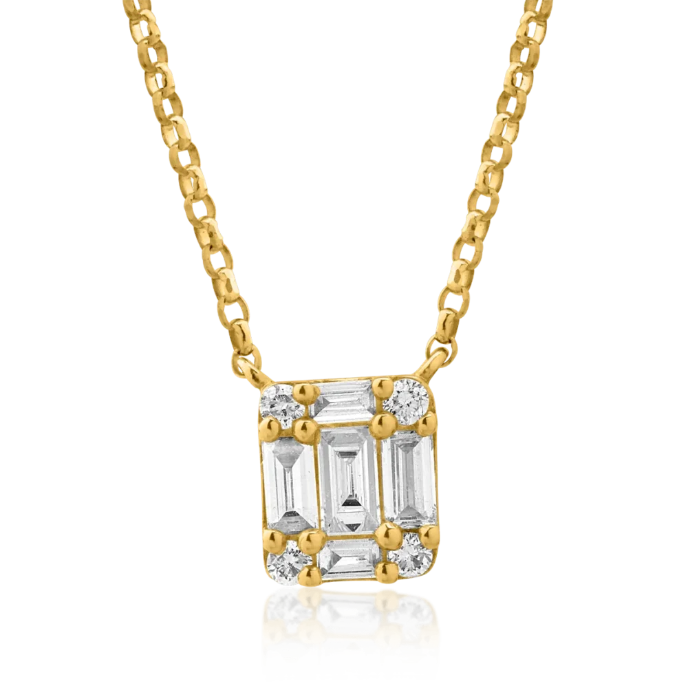 Lant cu pandantiv din aur galben cu diamante baguette si rotunde de 0.27ct