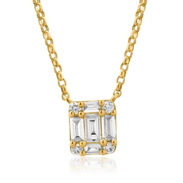 Lant cu pandantiv din aur galben cu diamante baguette si rotunde de 0.27ct
