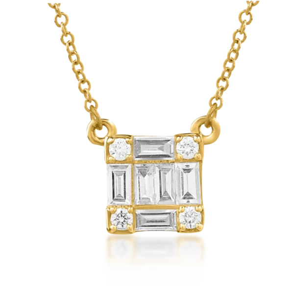 Lant cu pandantiv din aur galben cu diamante baguette si rotunde de 0.286ct