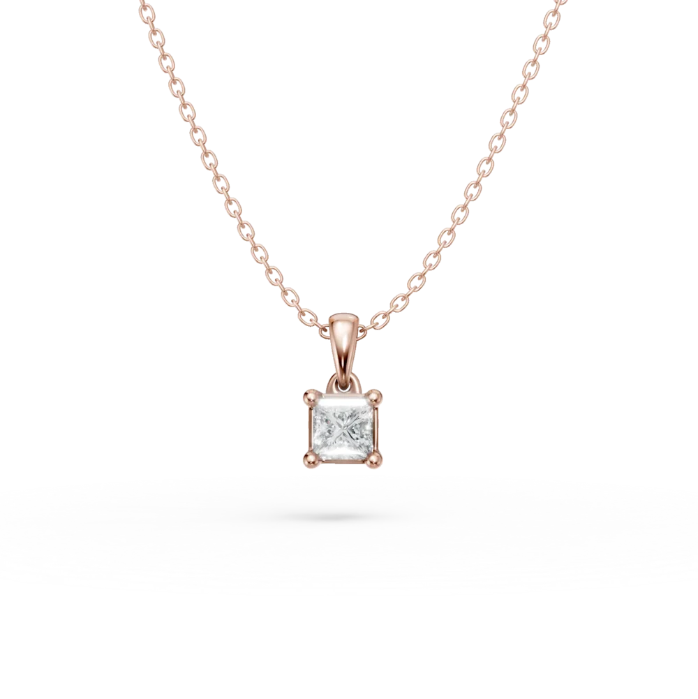 Lant cu pandantiv din aur roz cu diamant princess solitaire de 0.1ct