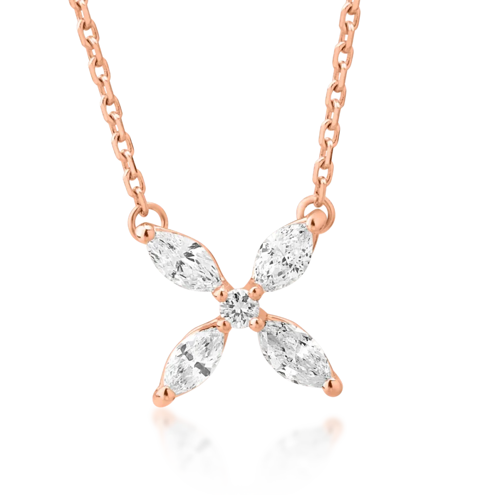Lant cu pandantiv din aur roz cu diamante marquise si rotunde de 0.33ct