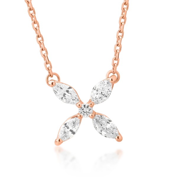 Lant cu pandantiv din aur roz cu diamante marquise si rotunde de 0.33ct