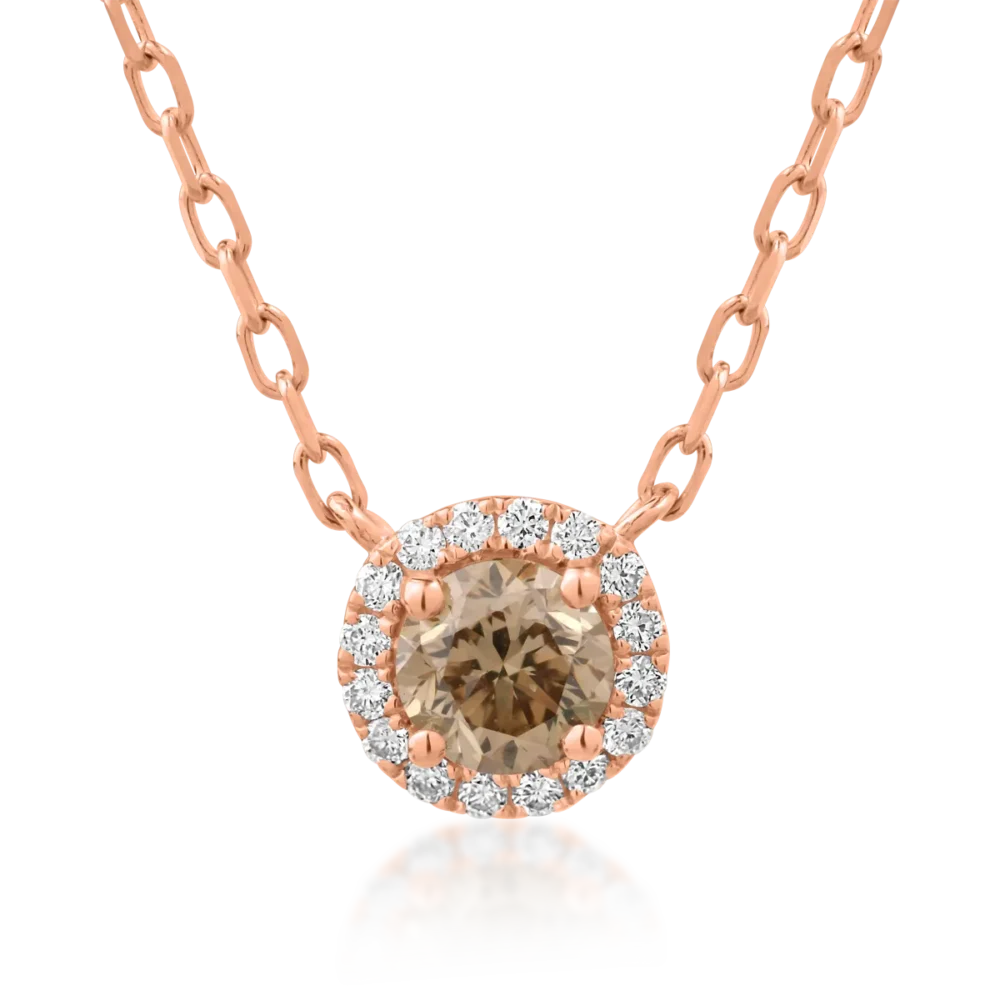 Lant cu pandantiv din aur roz cu diamant maro de 0.31ct si diamante transparente de 0.05ct