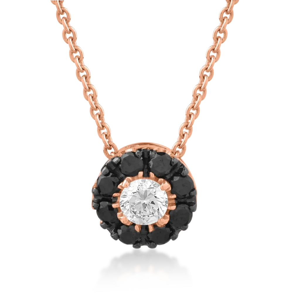 Lant cu pandantiv din aur roz cu diamant transparent de 0.17ct si diamante negre de 0.22ct