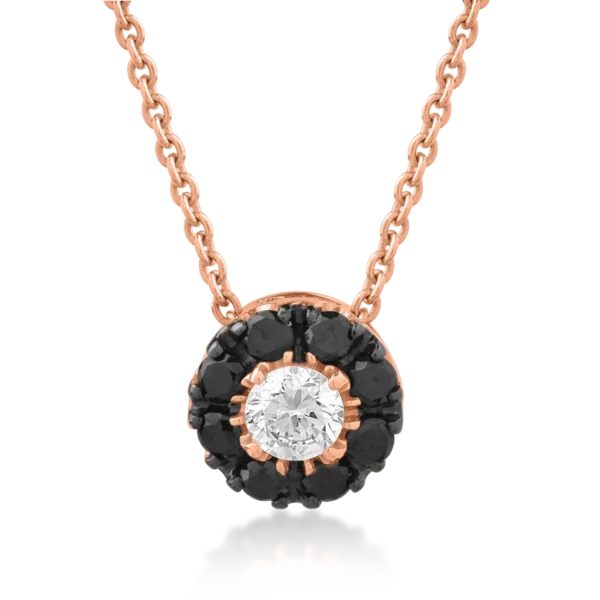 Lant cu pandantiv din aur roz cu diamant transparent de 0.17ct si diamante negre de 0.22ct