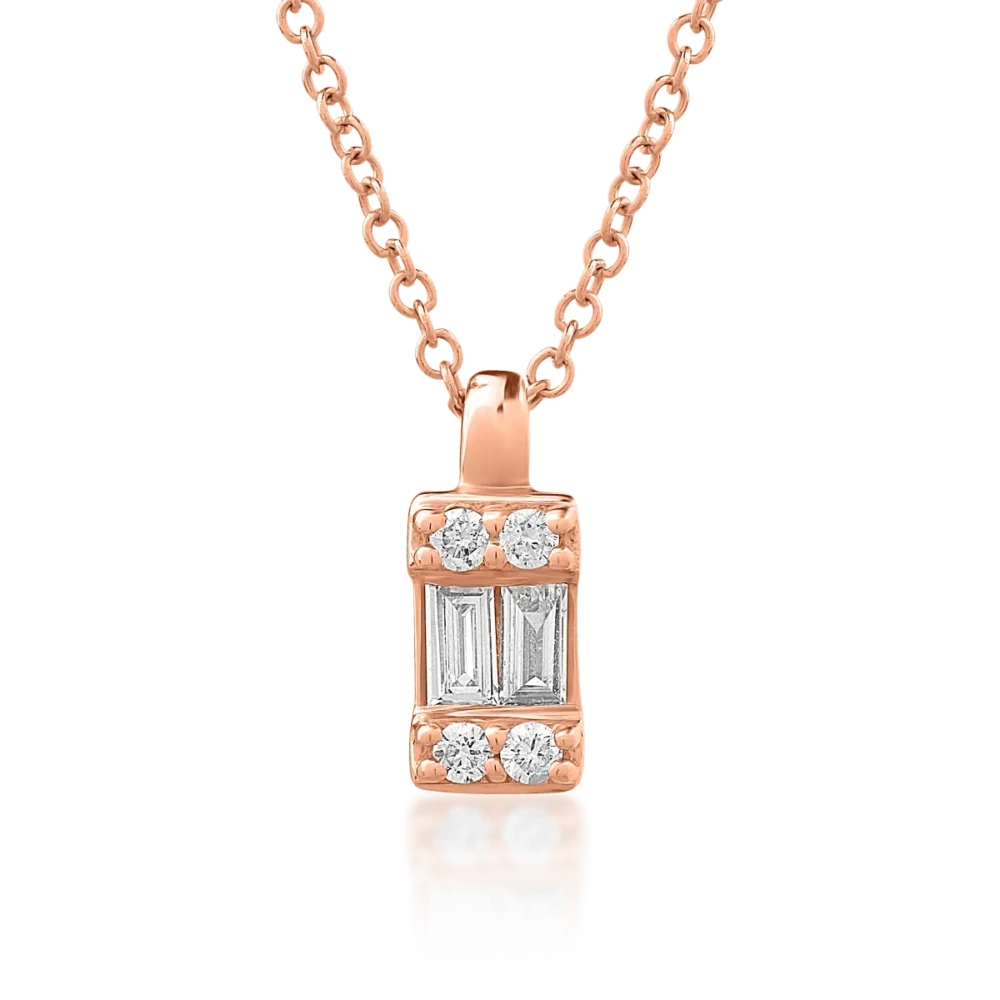 Lant cu pandantiv din aur roz cu diamante baguette si rotunde de 0.083ct