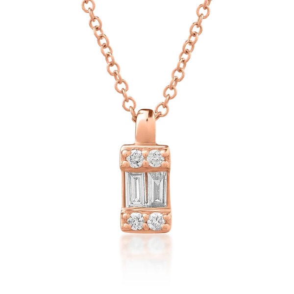 Lant cu pandantiv din aur roz cu diamante baguette si rotunde de 0.083ct