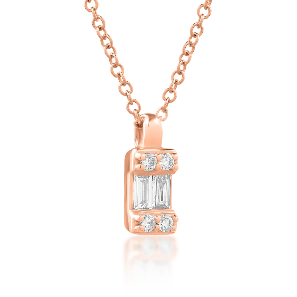 Lant cu pandantiv din aur roz cu diamante baguette si rotunde de 0.083ct - imagine 2