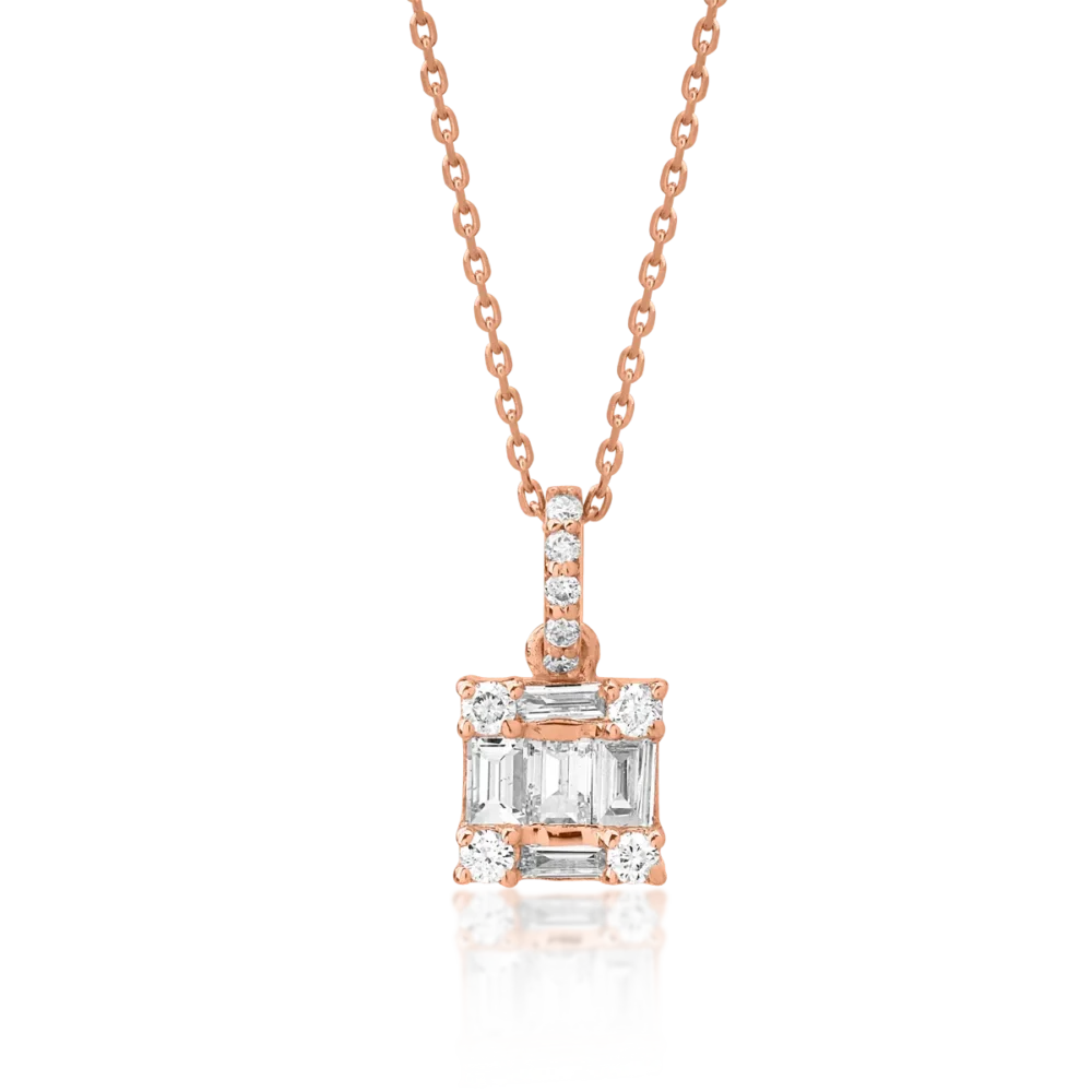 Lant cu pandantiv din aur roz cu diamante baguette si rotunde de 0.15ct