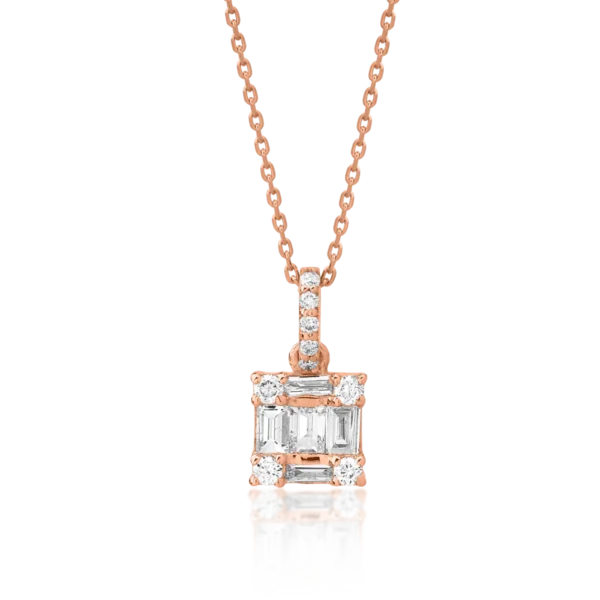 Lant cu pandantiv din aur roz cu diamante baguette si rotunde de 0.15ct