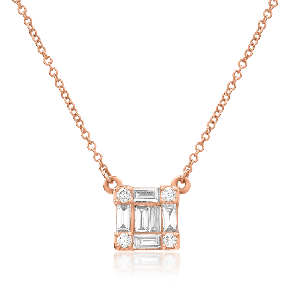 Lant cu pandantiv din aur roz cu diamante baguette si rotunde de 0.268ct