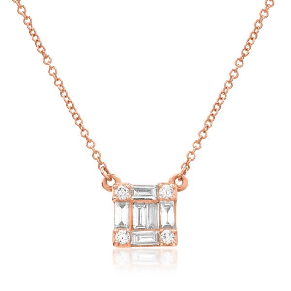Lant cu pandantiv din aur roz cu diamante baguette si rotunde de 0.268ct