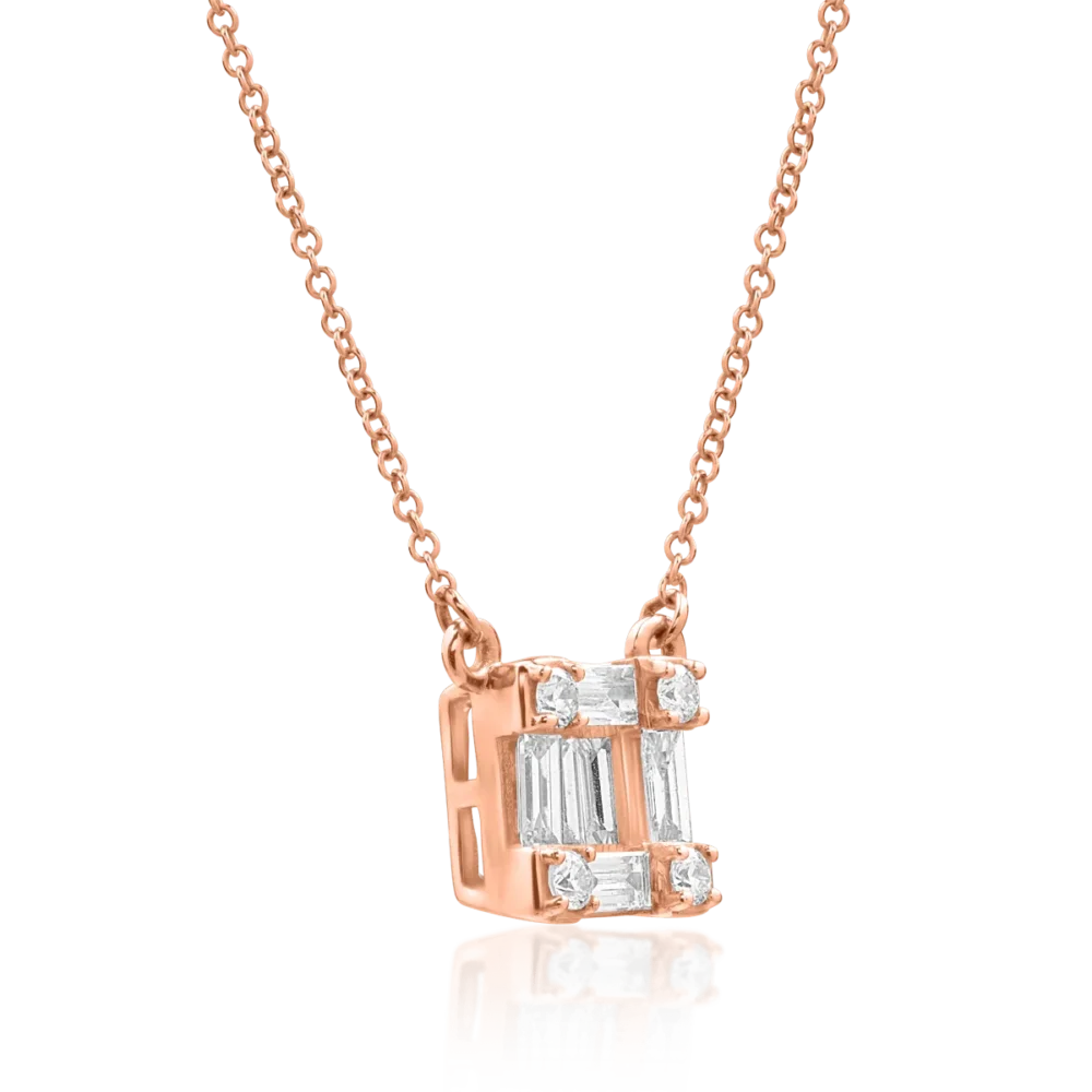 Lant cu pandantiv din aur roz cu diamante baguette si rotunde de 0.268ct - imagine 2
