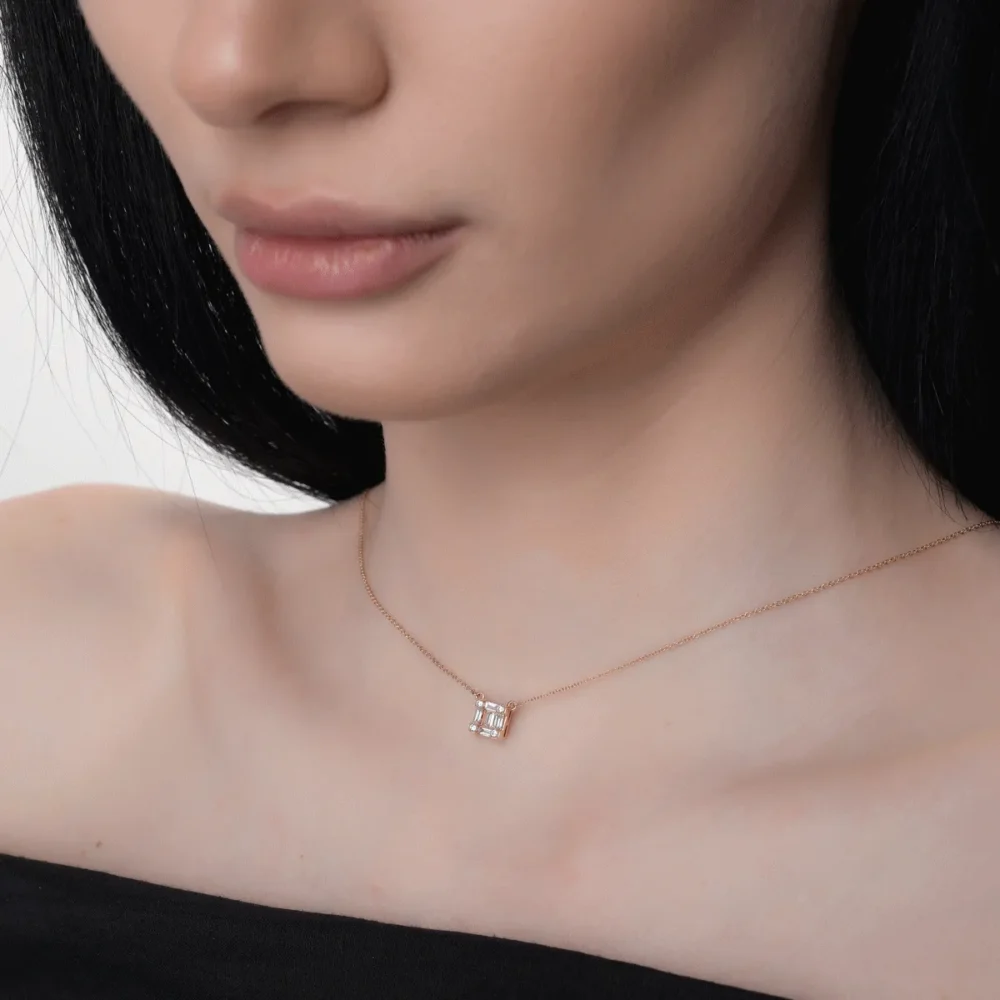 Lant cu pandantiv din aur roz cu diamante baguette si rotunde de 0.268ct - imagine 4