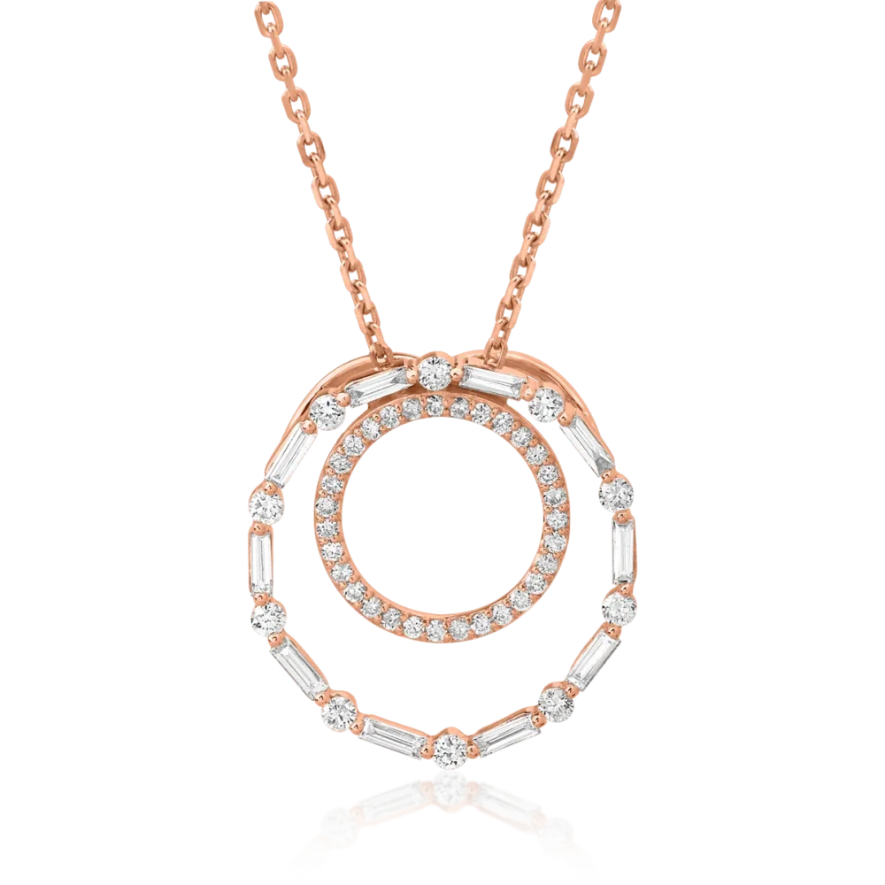 Lant cu pandantiv din aur roz cu diamante baguette si rotunde de 0.28ct