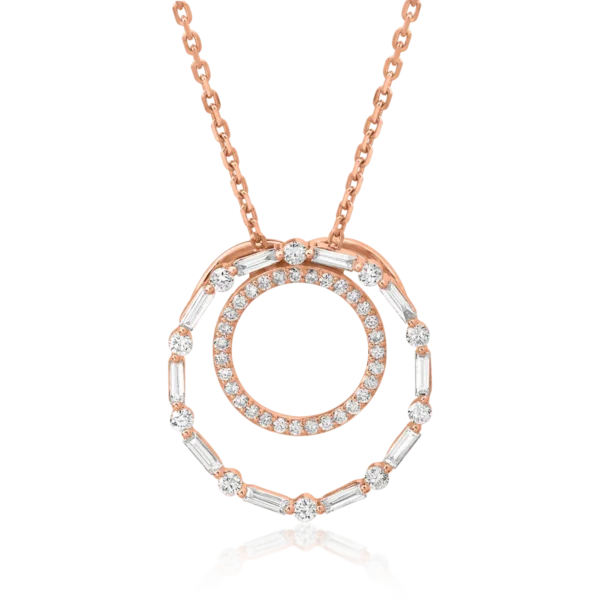 Lant cu pandantiv din aur roz cu diamante baguette si rotunde de 0.28ct