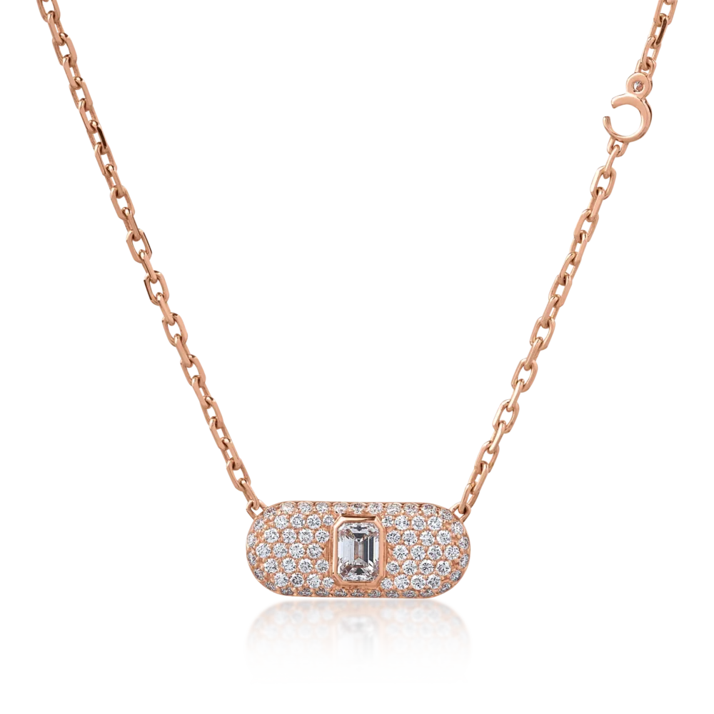 Lant cu pandantiv din aur roz cu diamante baguette si rotunde de 1.19ct