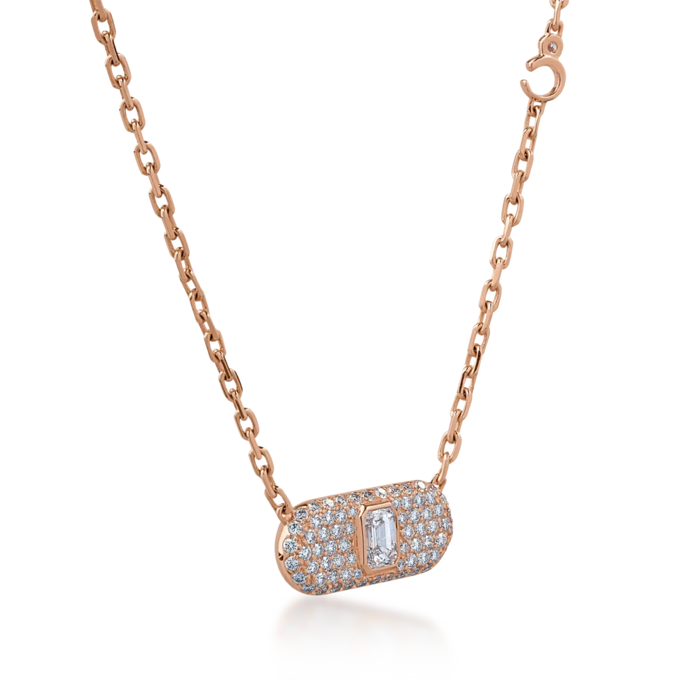 Lant cu pandantiv din aur roz cu diamante baguette si rotunde de 1.19ct - imagine 2