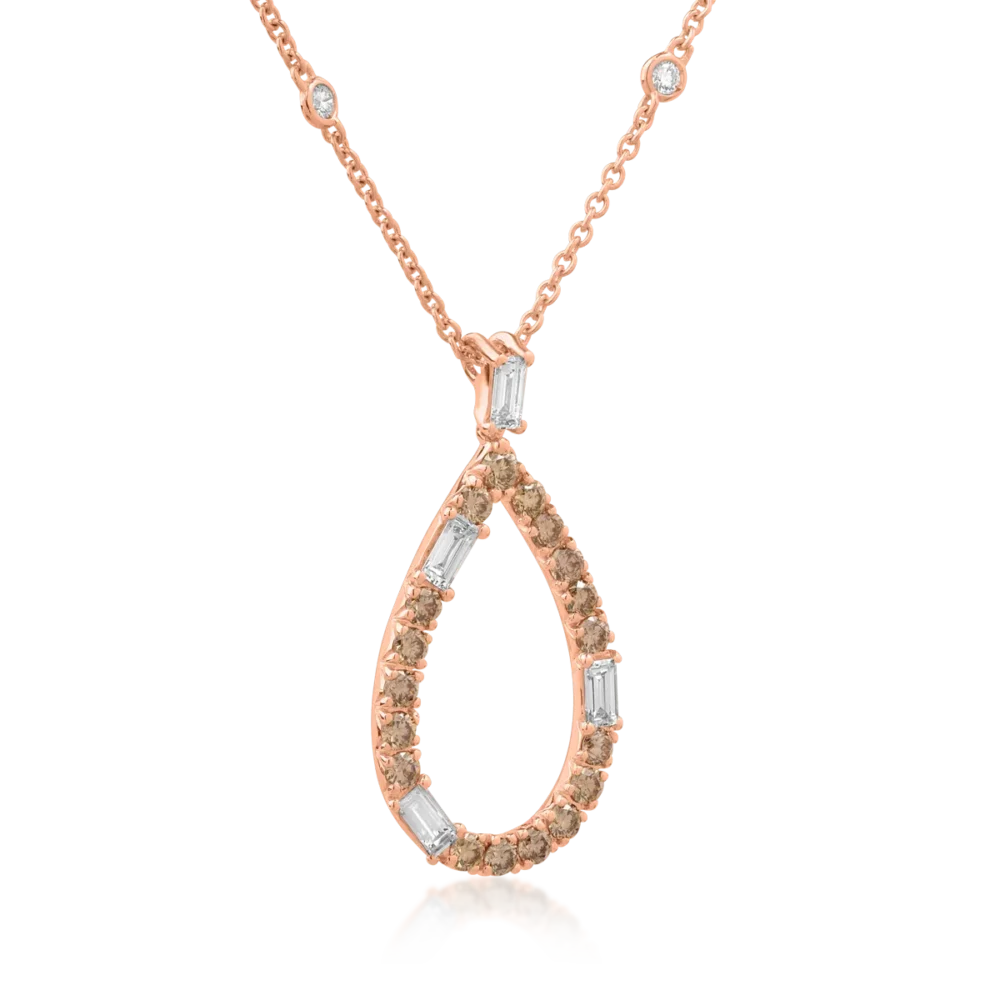 Lant cu pandantiv din aur roz cu diamante maro si diamante incolore baguette si rotunde de 1.41ct - imagine 2