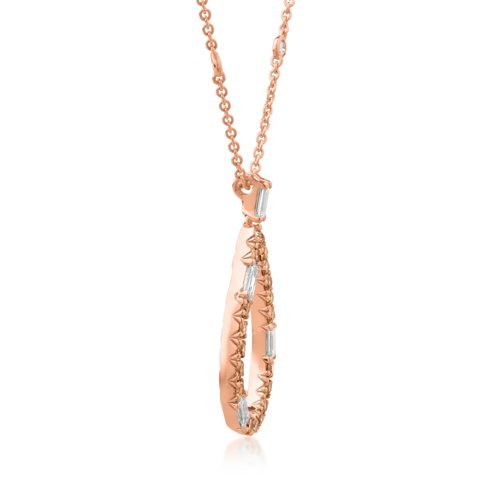 Lant cu pandantiv din aur roz cu diamante maro si diamante incolore baguette si rotunde de 1.41ct - imagine 3