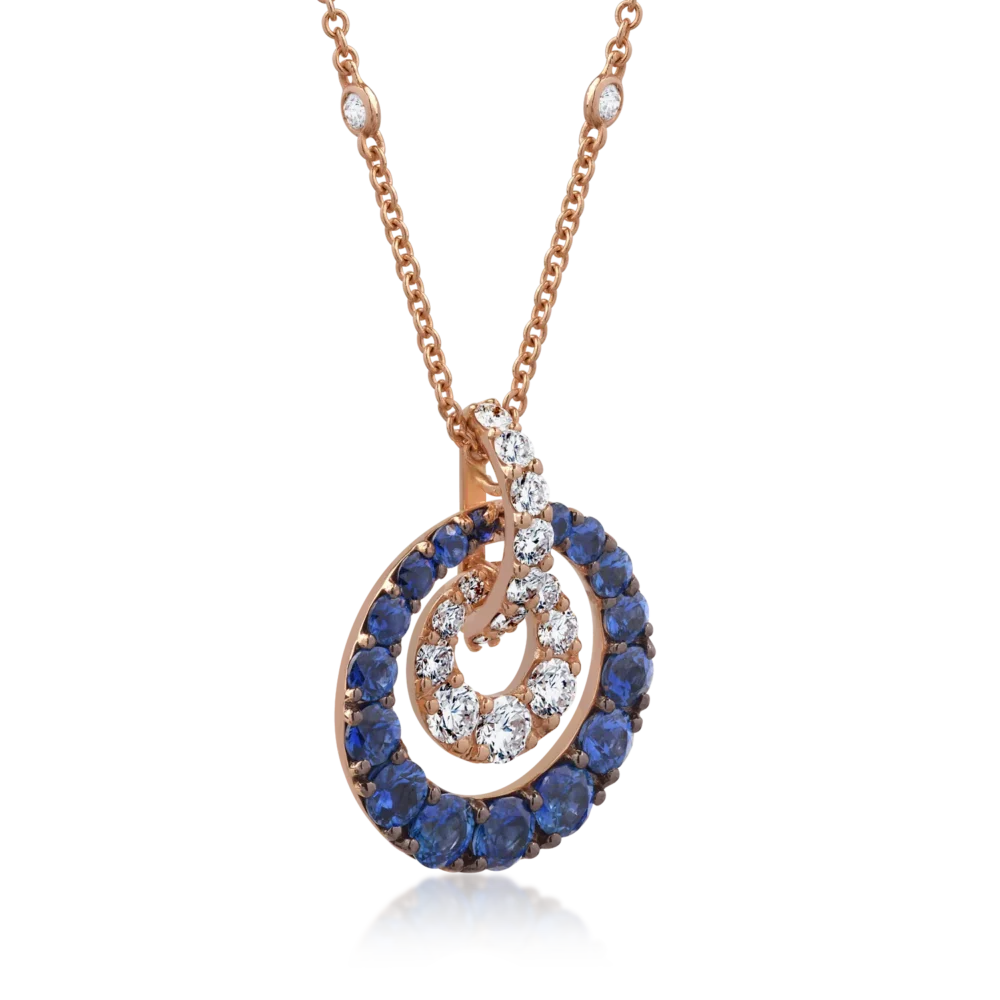 Lant cu pandantiv din aur roz cu safire de 2.46ct si diamante de 1.17ct - imagine 2