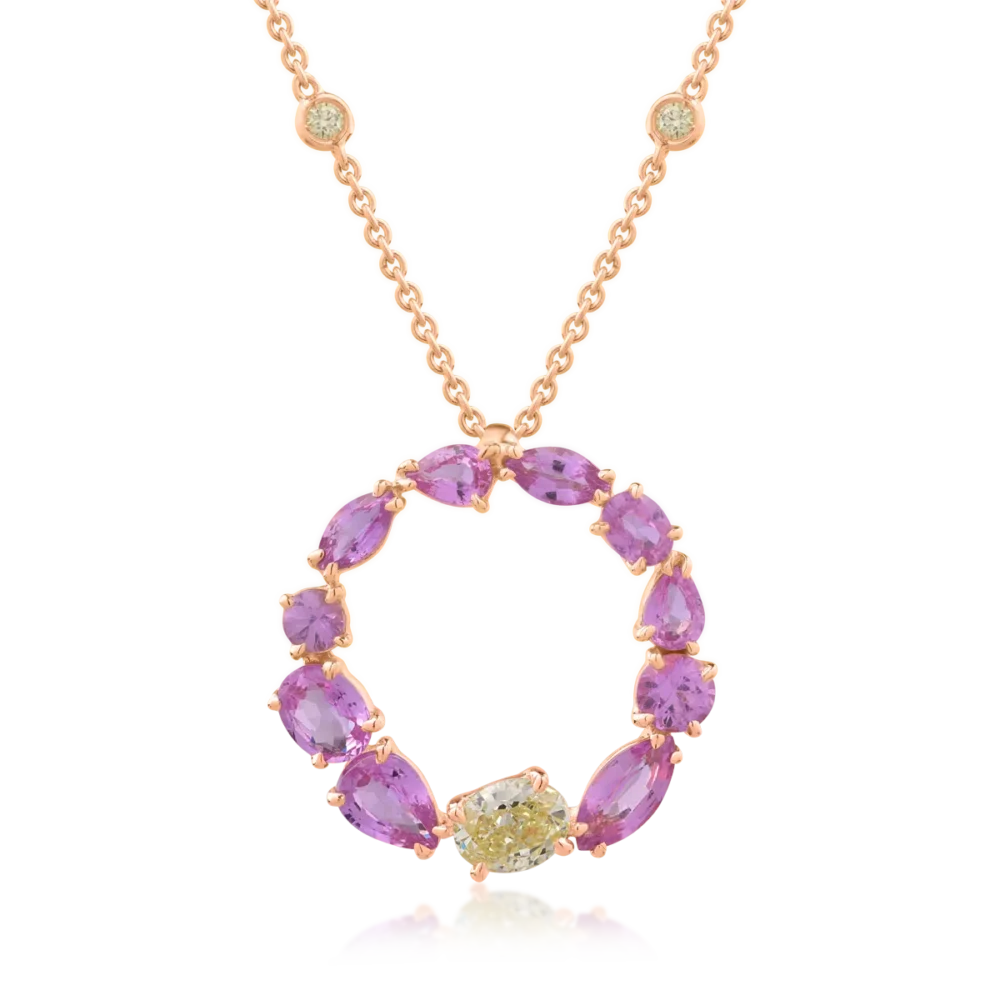 Lant cu pandantiv din aur roz cu safire roz marquise de 2.97ct si diamante galbene ovale si rotunde de 0.82ct