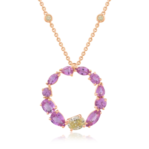 Lant cu pandantiv din aur roz cu safire roz marquise de 2.97ct si diamante galbene ovale si rotunde de 0.82ct