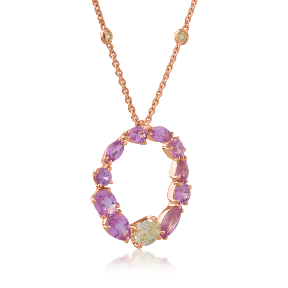 Lant cu pandantiv din aur roz cu safire roz marquise de 2.97ct si diamante galbene ovale si rotunde de 0.82ct - imagine 2