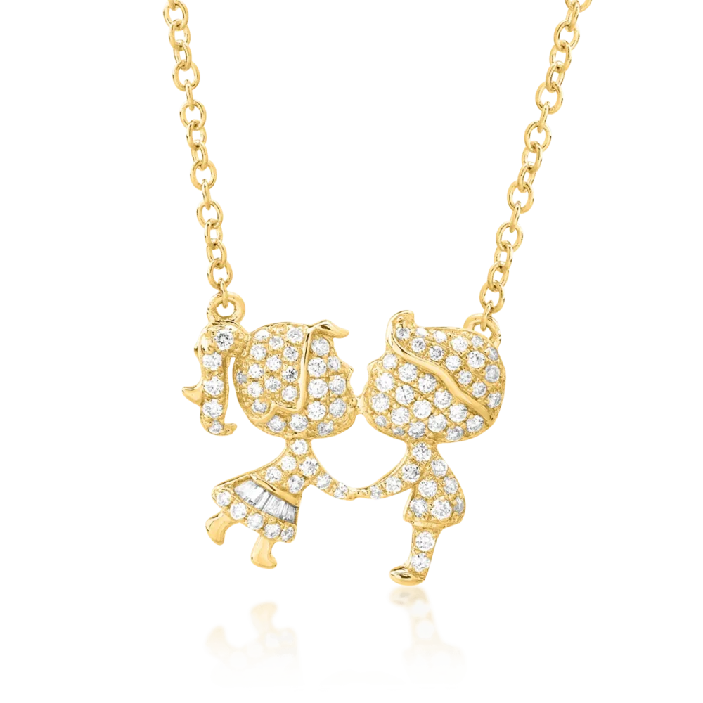 Lant cu pandantiv fetita si baiat din aur galben cu diamante baguette si rotunde de 0.27ct