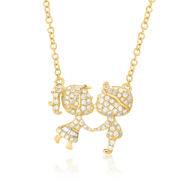 Lant cu pandantiv fetita si baiat din aur galben cu diamante baguette si rotunde de 0.27ct