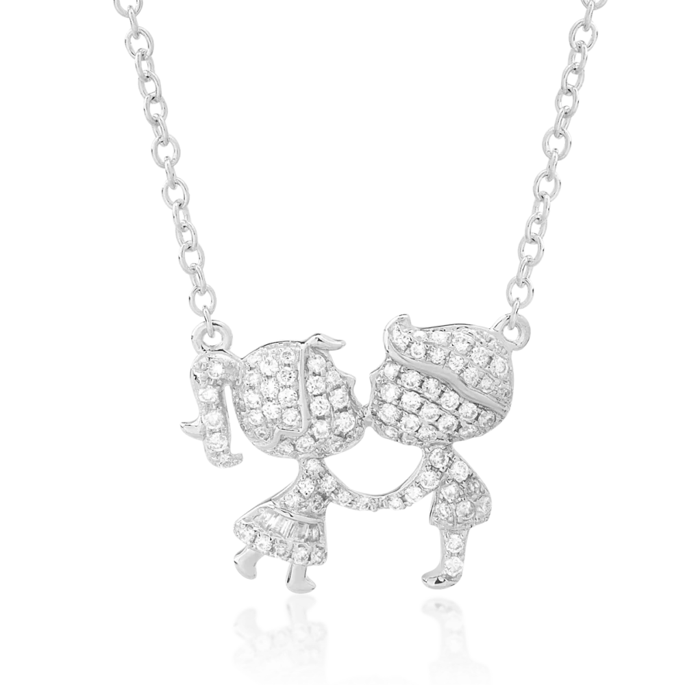 Lant cu pandantiv fetita si baietel din aur alb cu diamante baguette si rotunde de 0.25ct