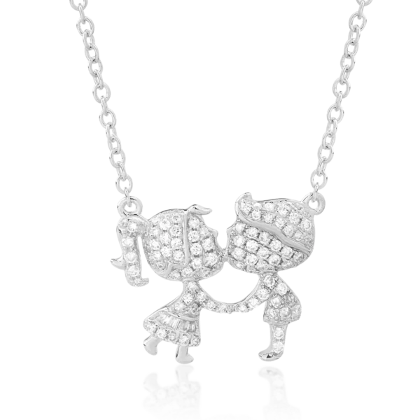 Lant cu pandantiv fetita si baietel din aur alb cu diamante baguette si rotunde de 0.25ct