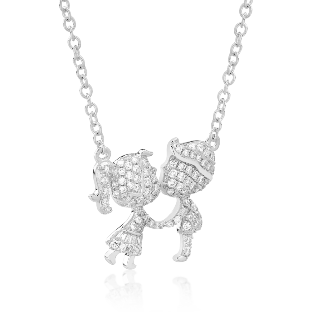 Lant cu pandantiv fetita si baietel din aur alb cu diamante baguette si rotunde de 0.25ct - imagine 2