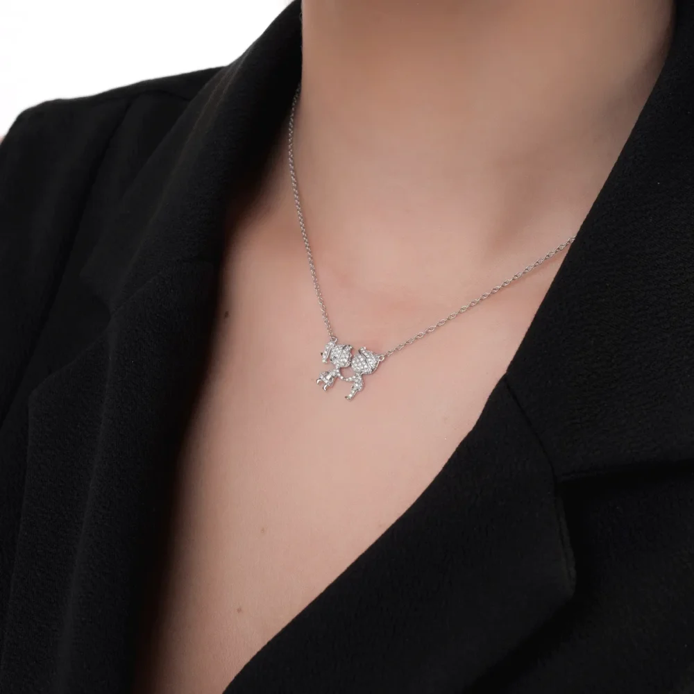 Lant cu pandantiv fetita si baietel din aur alb cu diamante baguette si rotunde de 0.25ct - imagine 4